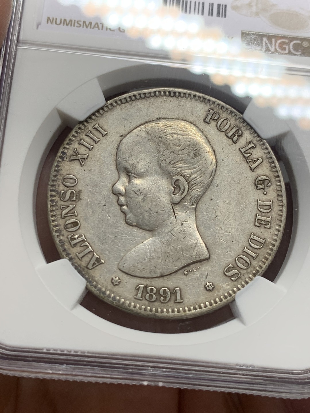 《竞宝斋》第136场-周日，周一连拍 (全场包邮) NGC-XF45 西班牙1891年 阿方索十三世 5比塞塔双柱大银币 原味好品