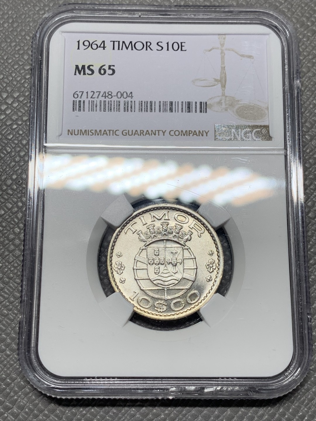 《竞宝斋》第136场-周日，周一连拍 (全场包邮) NGC MS65 葡属东帝汶 1964年 10埃斯库多银币 亚军分 满银光美品 高分不易