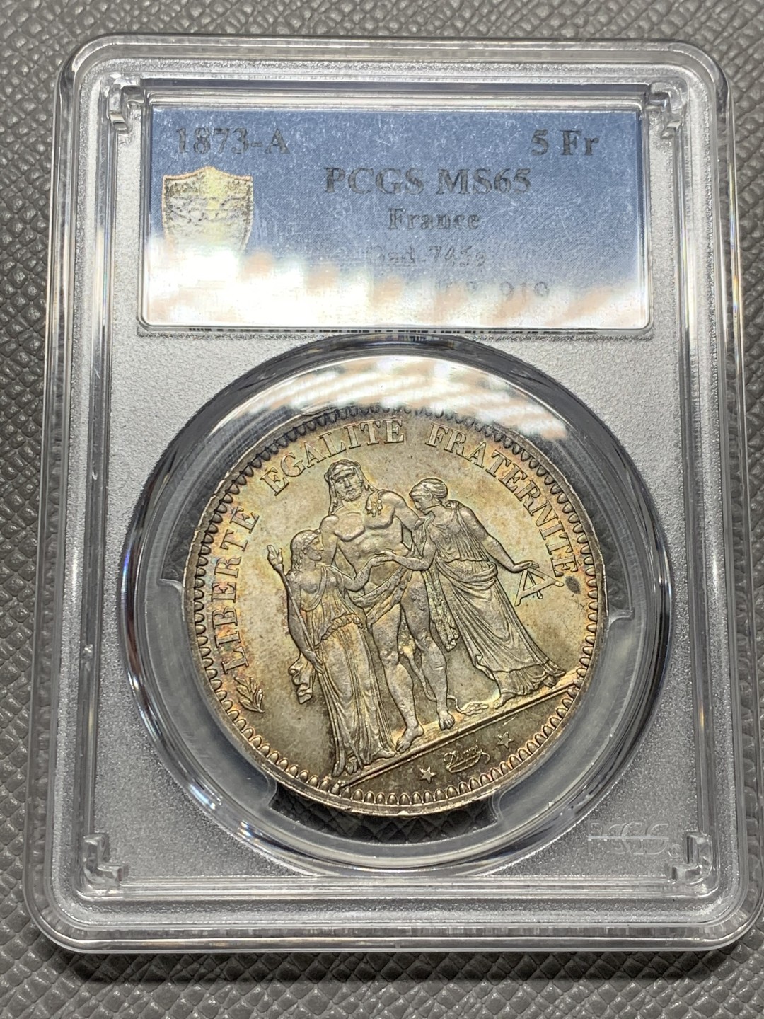 《竞宝斋》第136场-周日，周一连拍 (全场包邮) PCGS-MS65 法国1873大力神5法郎大银币，绚烂包浆，车轮光丝滑，法系热门品种，近年涨幅巨大