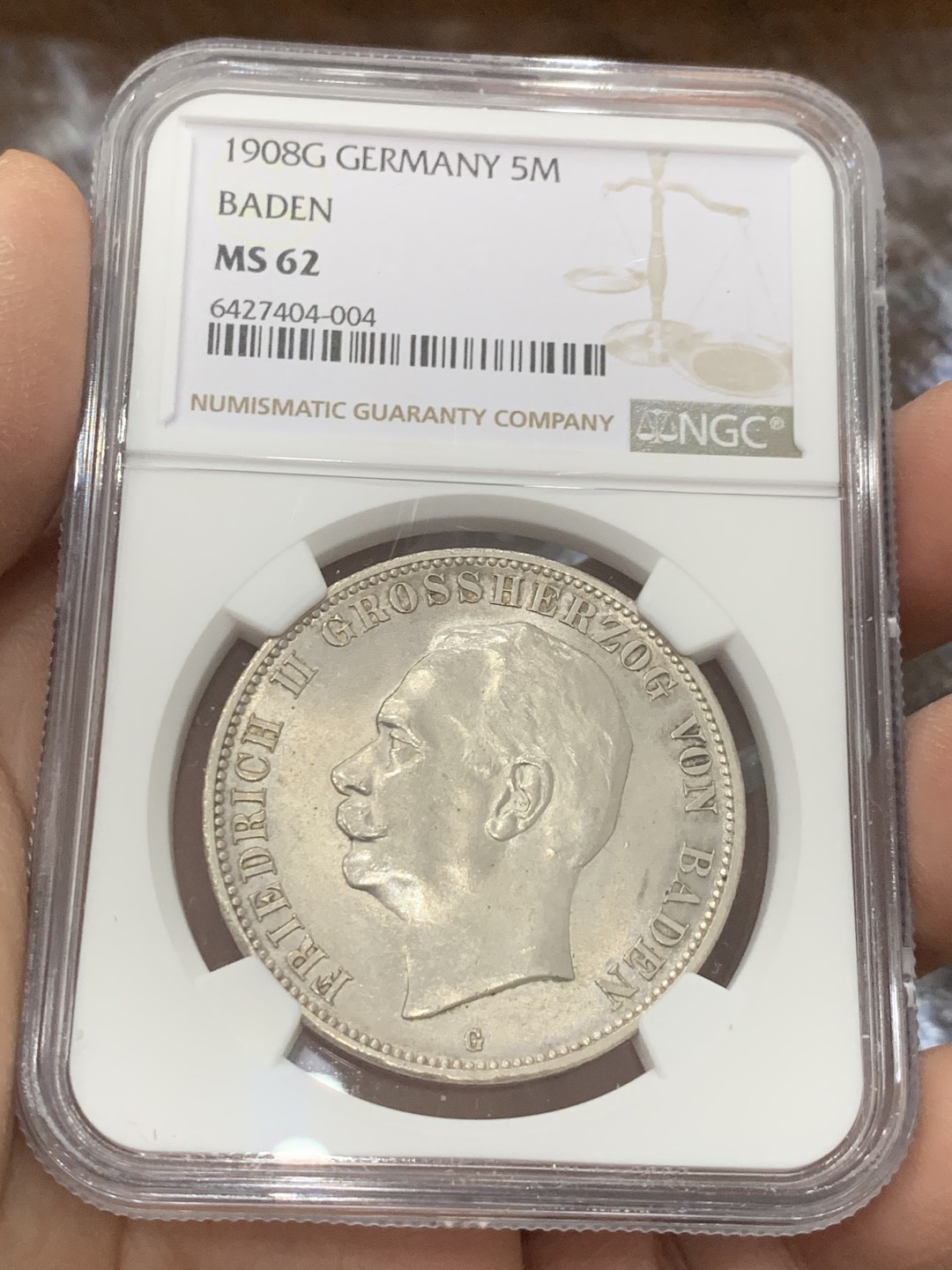 《竞宝斋》第136场-周日，周一连拍 (全场包邮) NGC-MS62 德国巴登 1908年 5马克大银币 少见版式