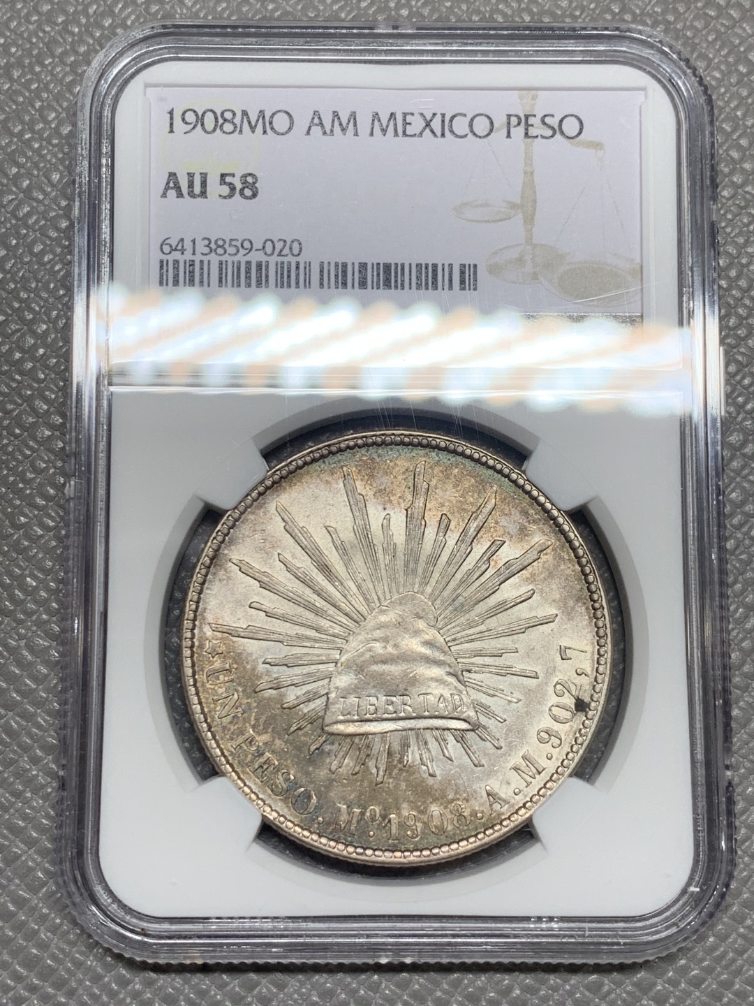《竞宝斋》第136场-周日，周一连拍 (全场包邮) NGC-AU58 墨西哥1908年 1比索鹰洋大银币 带彩