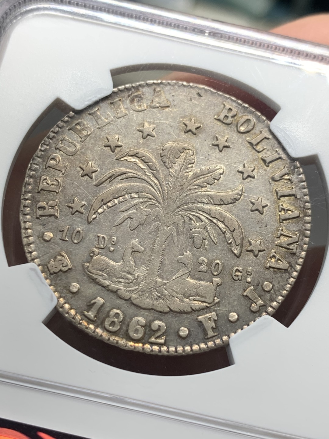 《竞宝斋》第136场-周日，周一连拍 (全场包邮) NGC-AU55 玻利维亚 1862年 8S银币 热门中南美 好状态 看得见