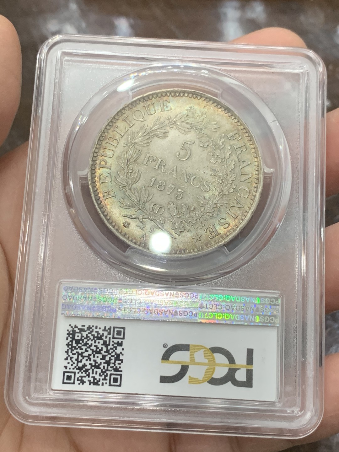 《竞宝斋》第136场-周日，周一连拍 (全场包邮) PCGS-MS65 法国1873大力神5法郎大银币，绚烂包浆，车轮光丝滑，法系热门品种，近年涨幅巨大