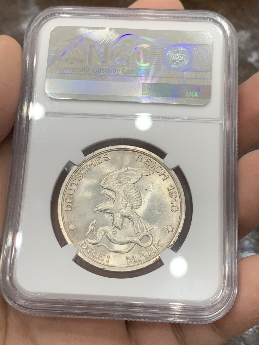 《竞宝斋》第136场-周日，周一连拍 (全场包邮) NGC MS64 1913年德国普鲁士战胜拿破仑3马克银币