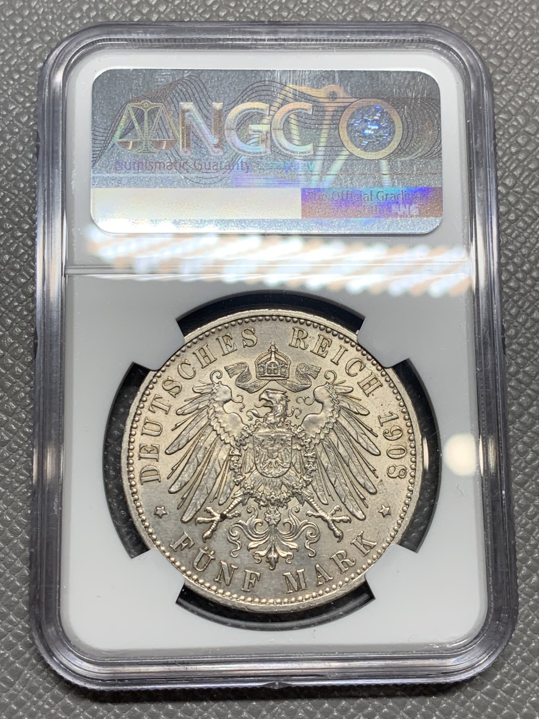 《竞宝斋》第136场-周日，周一连拍 (全场包邮) NGC-MS62 德国巴登 1908年 5马克大银币 少见版式