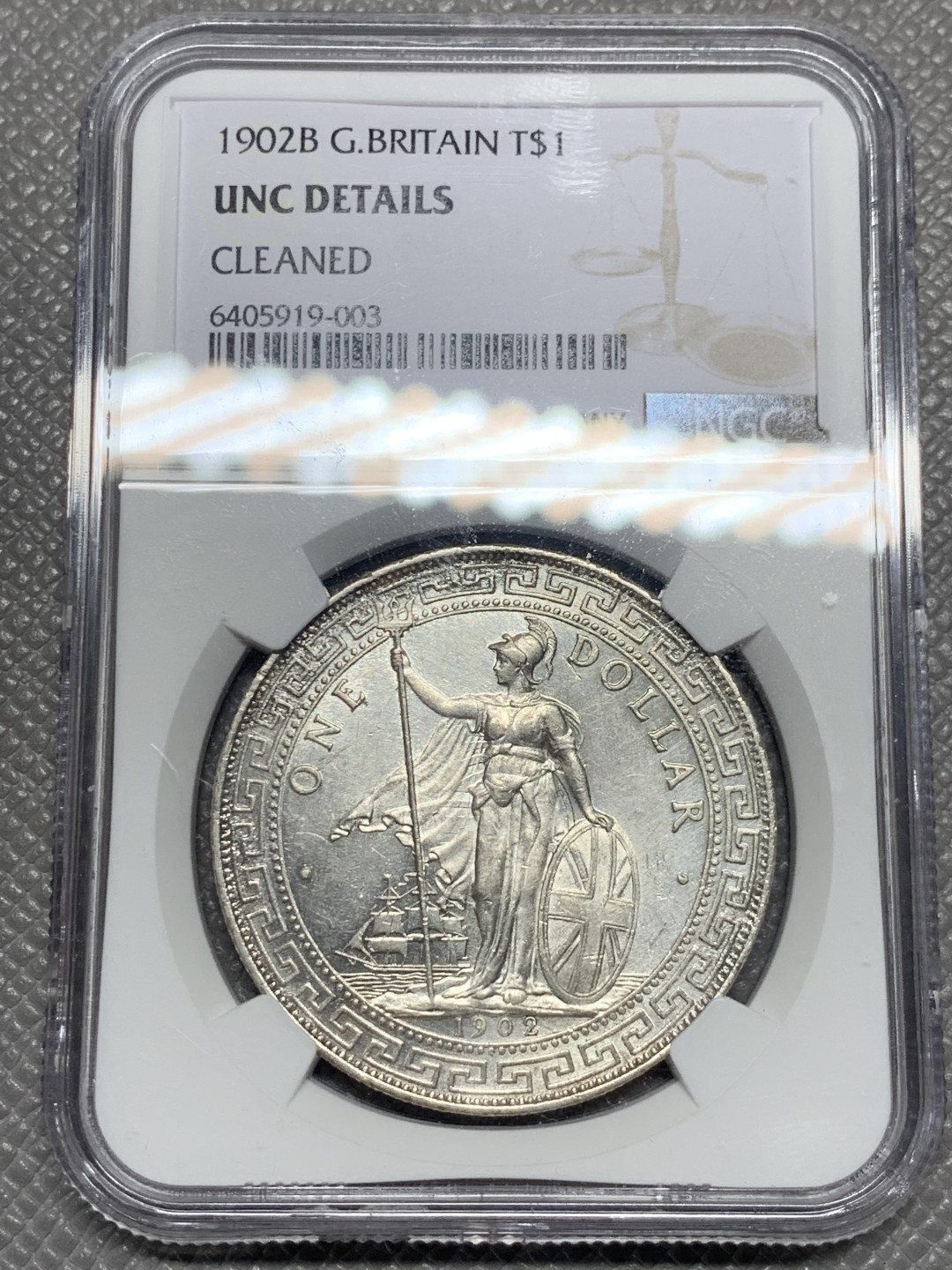 《竞宝斋》第136场-周日，周一连拍 (全场包邮) NGC-UNCD 英国 贸易银 1902B 一元站洋银币 少见年份 状态好