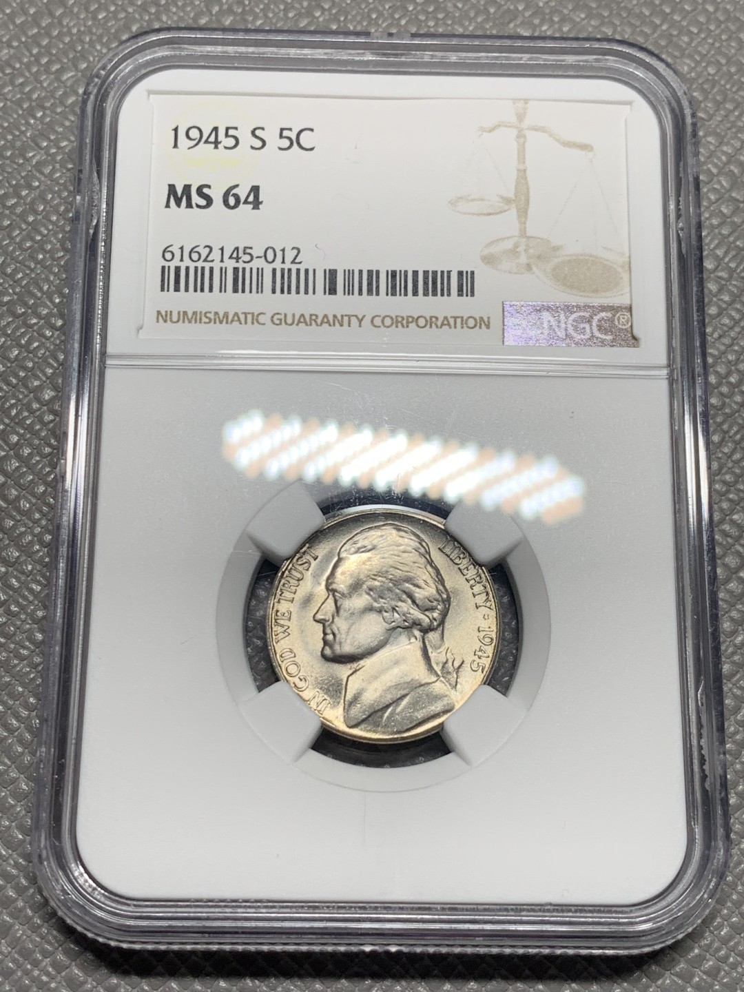 《竞宝斋》第136场-周日，周一连拍 (全场包邮) NGC-MS64 美国 1945年 杰弗逊战时5美分（含银版，仅1942-1945战时版含银）