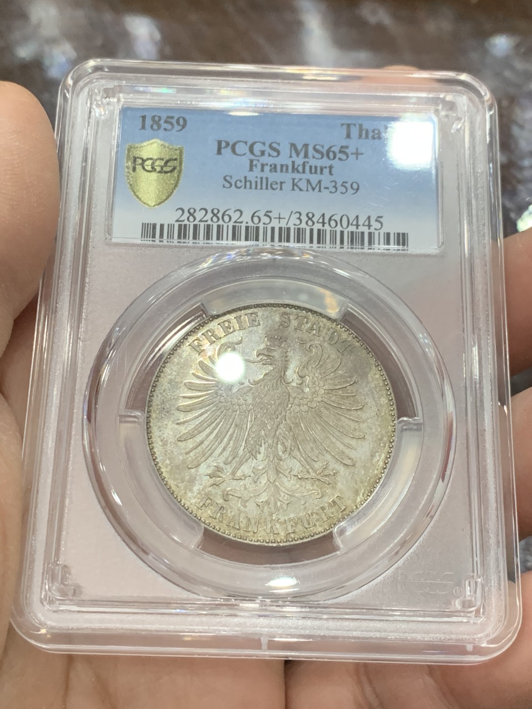 《竞宝斋》第136场-周日，周一连拍 (全场包邮) PCGS-MS65+，德国1859年法兰克福席勒纪念泰勒银币，轻彩包浆，状态一流