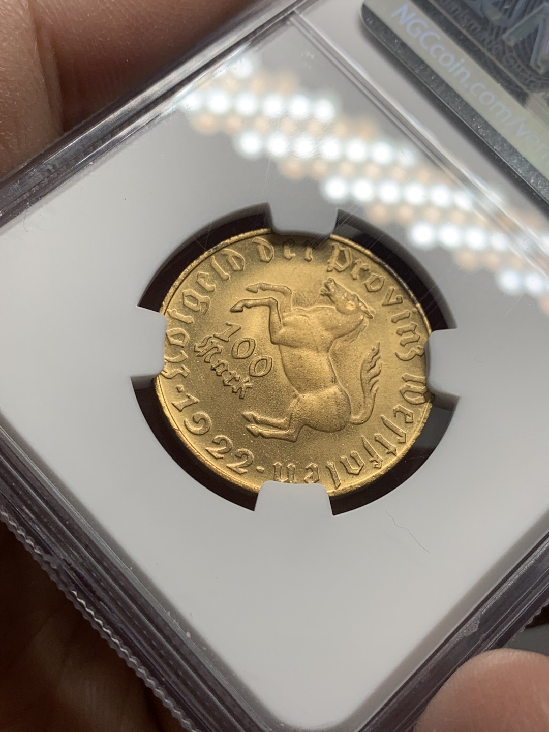 《竞宝斋》第136场-周日，周一连拍 (全场包邮) NGC-MS65 德国魏玛共和国1922年 100马克 黄铜币 非常稀少的版式