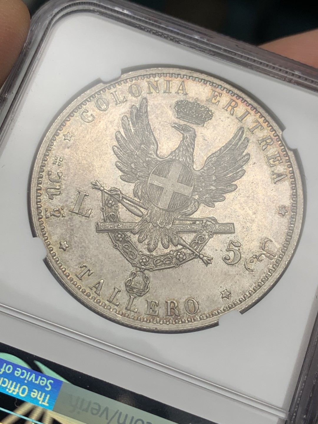 《竞宝斋》第136场-周日，周一连拍 (全场包邮) NGC MS63+ 意属厄立特里亚1891年 5里拉银币，意属殖民地大名誉品。一步到位的状态，非常舒服的包浆带PL感。2022年摩纳哥拍卖，总价9000欧落槌。包浆币给分保守了
