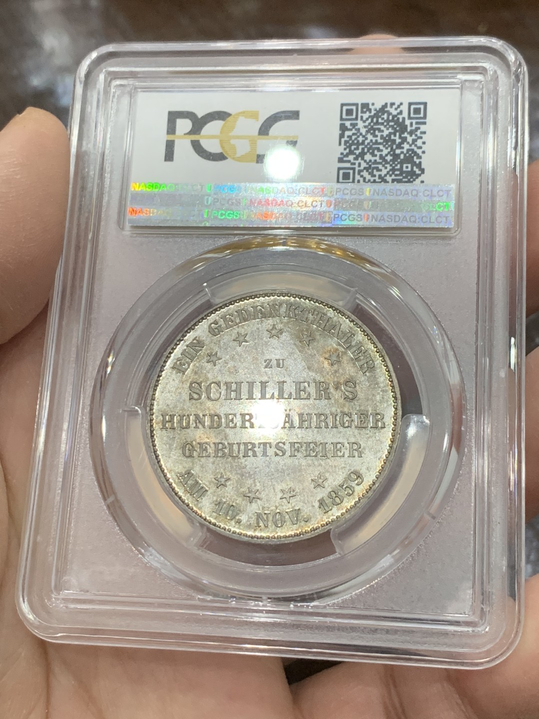 《竞宝斋》第136场-周日，周一连拍 (全场包邮) PCGS-MS65+，德国1859年法兰克福席勒纪念泰勒银币，轻彩包浆，状态一流