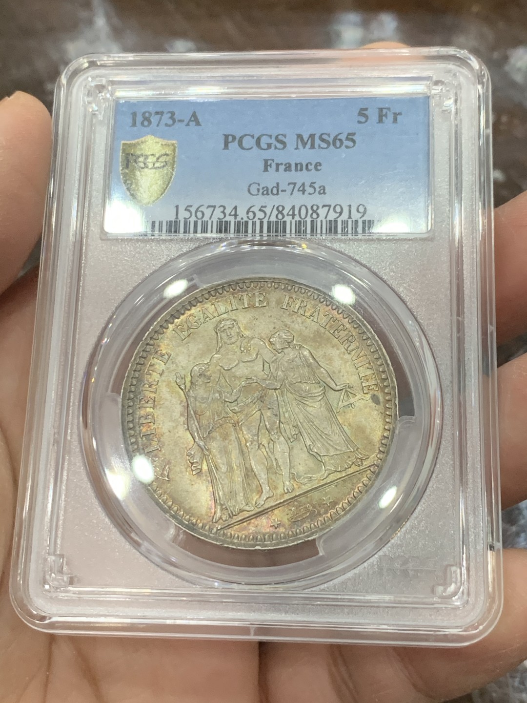 《竞宝斋》第136场-周日，周一连拍 (全场包邮) PCGS-MS65 法国1873大力神5法郎大银币，绚烂包浆，车轮光丝滑，法系热门品种，近年涨幅巨大
