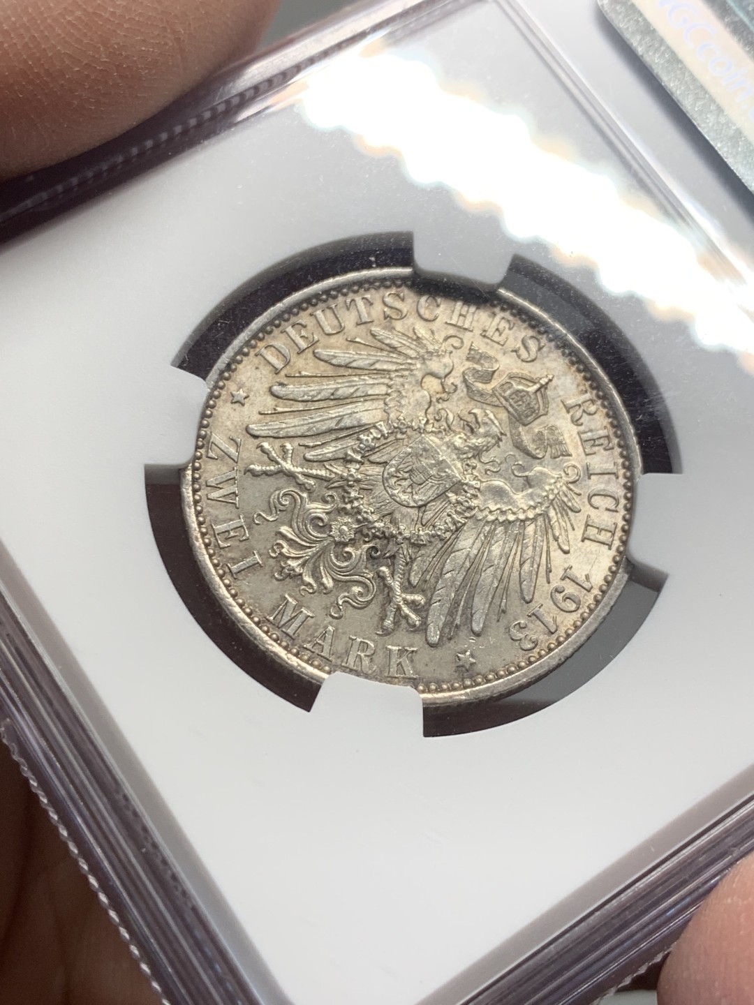 《竞宝斋》第136场-周日，周一连拍 (全场包邮) NGC-MS65 德国 1913年 普鲁士2马克银币 威廉二世军装版本 转光美丽