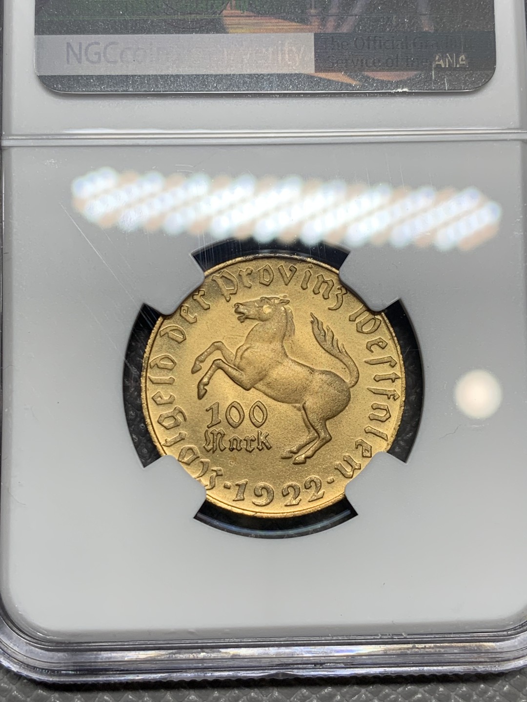 《竞宝斋》第136场-周日，周一连拍 (全场包邮) NGC-MS65 德国魏玛共和国1922年 100马克 黄铜币 非常稀少的版式