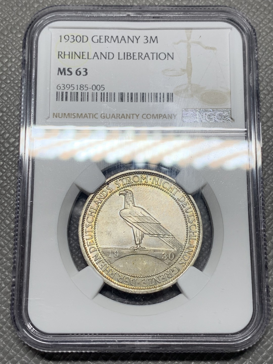 《竞宝斋》第136场-周日，周一连拍 (全场包邮) NGC-MS63 德国魏玛 1930年 莱茵解放3马克银币 经典鹰桥 淡彩包浆 D厂比A厂稀少很多 铸造量45万枚