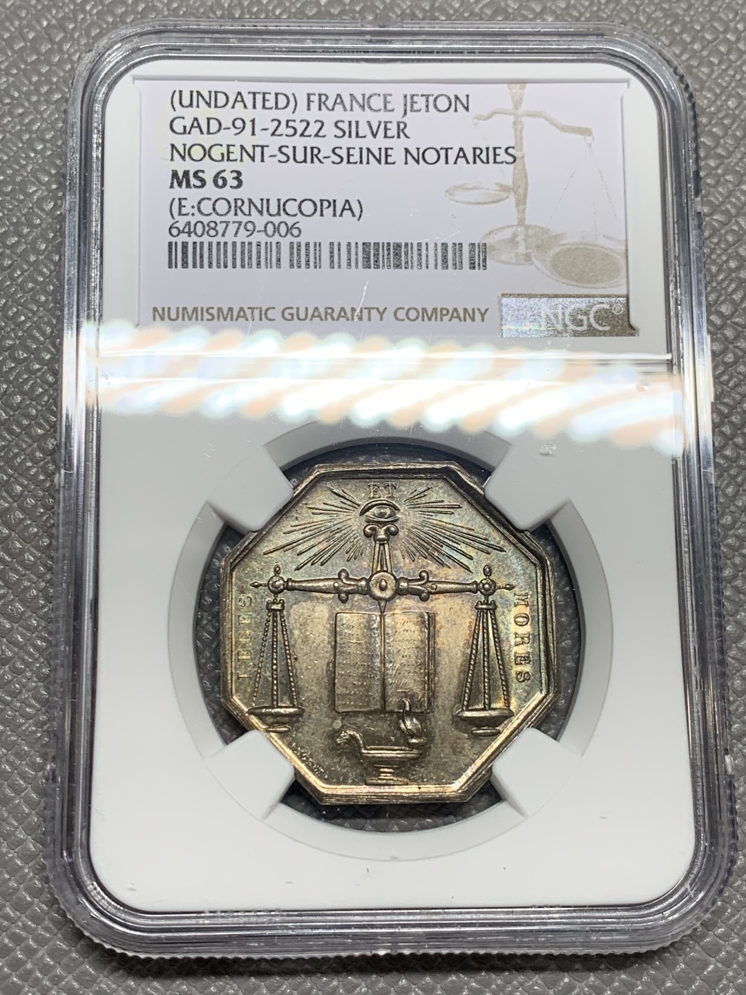 《竞宝斋》第136场-周日，周一连拍 (全场包邮) NGC-MS63 法国十九世纪 公平交易 八角JETON银质 代用币 五彩包浆非常漂亮