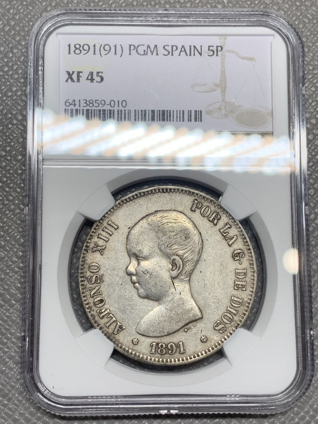《竞宝斋》第136场-周日，周一连拍 (全场包邮) NGC-XF45 西班牙1891年 阿方索十三世 5比塞塔双柱大银币 原味好品