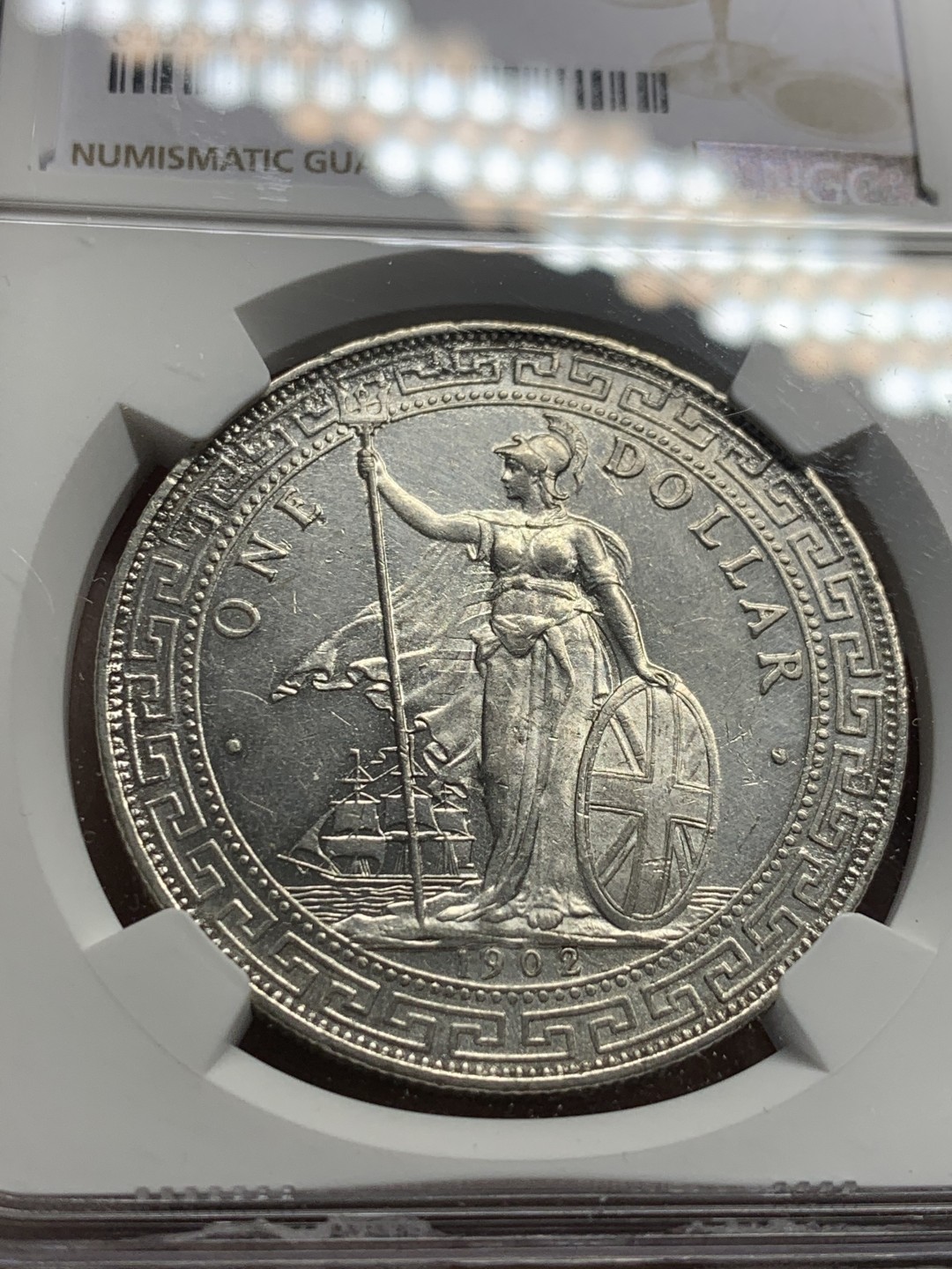 《竞宝斋》第136场-周日，周一连拍 (全场包邮) NGC-UNCD 英国 贸易银 1902B 一元站洋银币 少见年份 状态好
