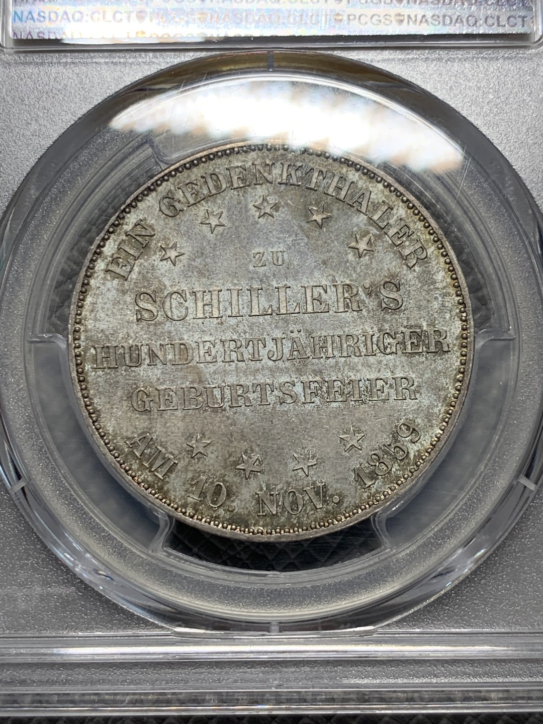 《竞宝斋》第136场-周日，周一连拍 (全场包邮) PCGS-MS65+，德国1859年法兰克福席勒纪念泰勒银币，轻彩包浆，状态一流