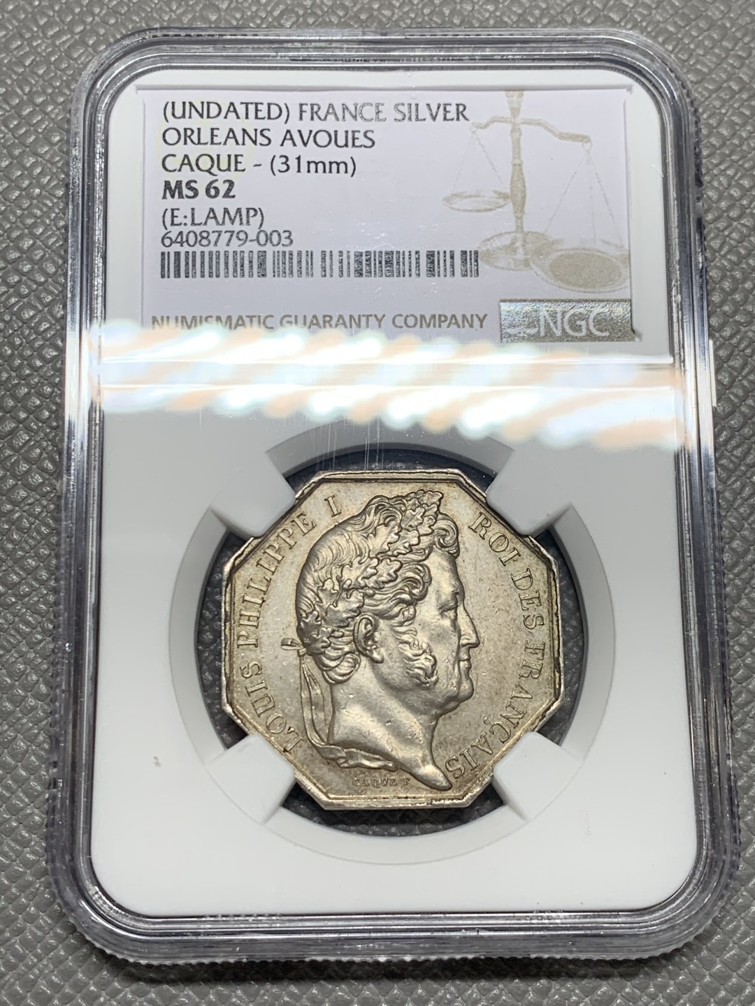《竞宝斋》第136场-周日，周一连拍 (全场包邮) NGC-MS62 法国 1833年菲利普一世 八角银JETON 高浮雕 非常漂亮