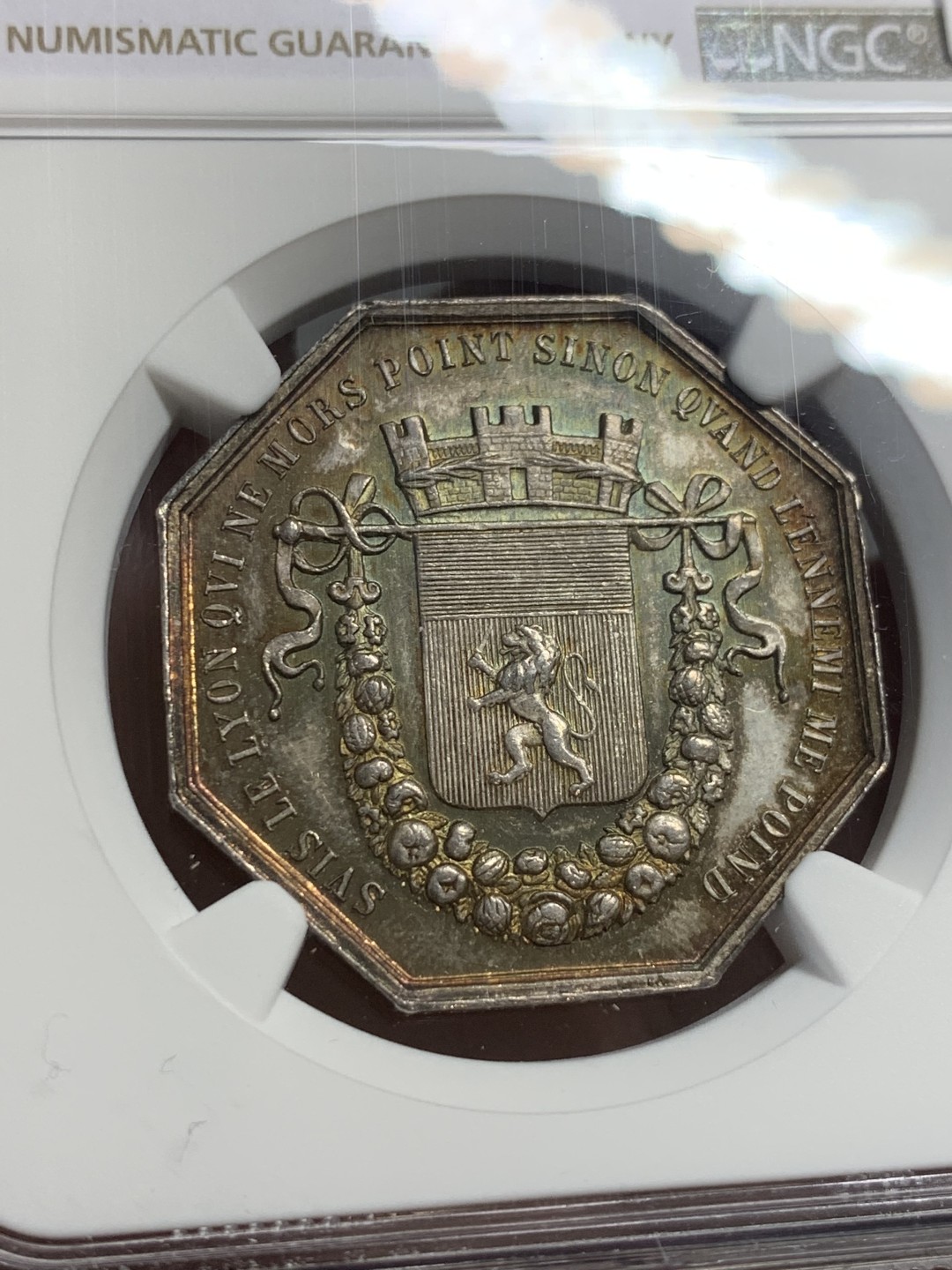 《竞宝斋》第136场-周日，周一连拍 (全场包邮) NGC-MS62 法国十九世纪 里昂商会 八角JETON银质代用币 五彩包浆 非常漂亮