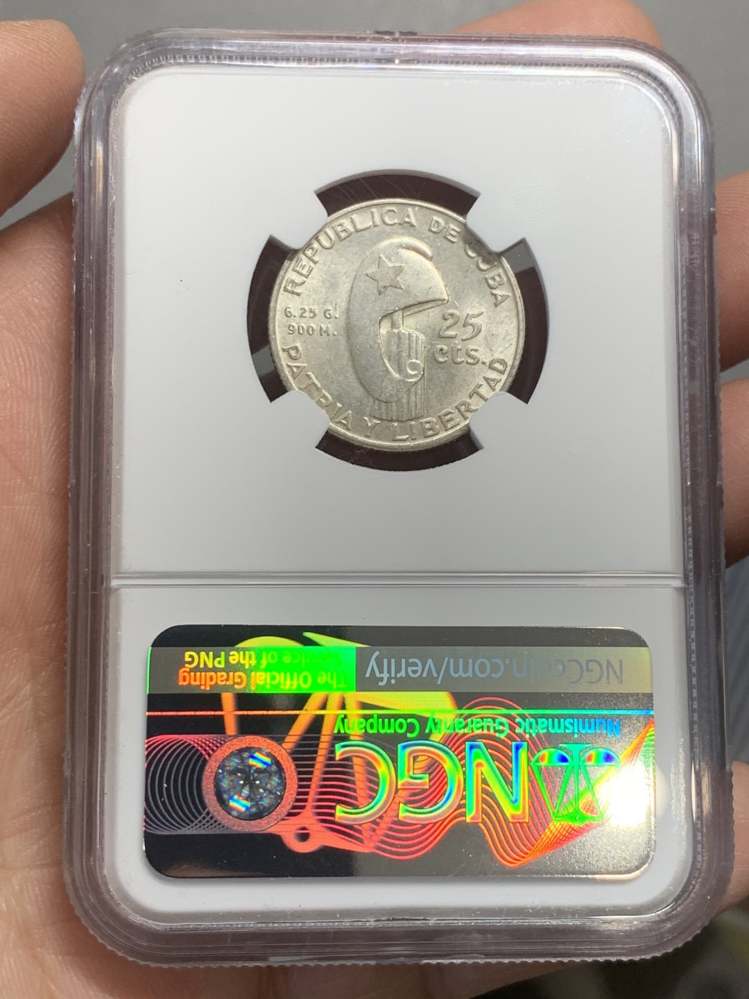 《竞宝斋》第136场-周日，周一连拍 (全场包邮) NGC-MS63 古巴1953年 马丁25分银币 热门品种