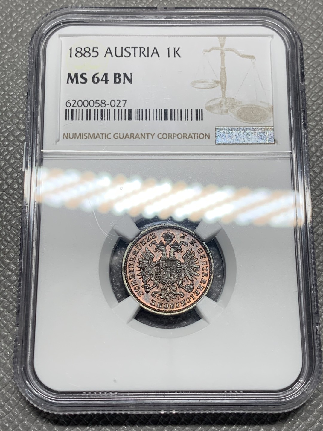 《竞宝斋》第136场-周日，周一连拍 (全场包邮) NGC MS64BN 奥地利1885年1克鲁泽铜币
