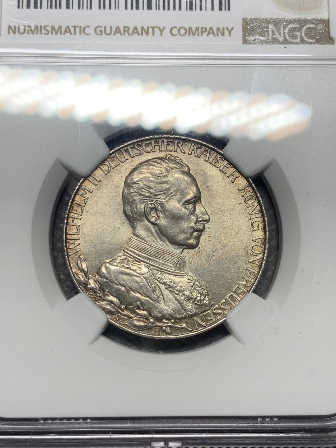 《竞宝斋》第136场-周日，周一连拍 (全场包邮) NGC-MS65 德国 1913年 普鲁士2马克银币 威廉二世军装版本 转光美丽