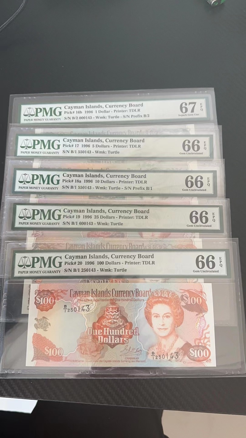 收藏联盟Quantum Auction 第234期拍卖 开曼群岛1996年1-100元尾4同一套 PMG66-67 早期年份稀少