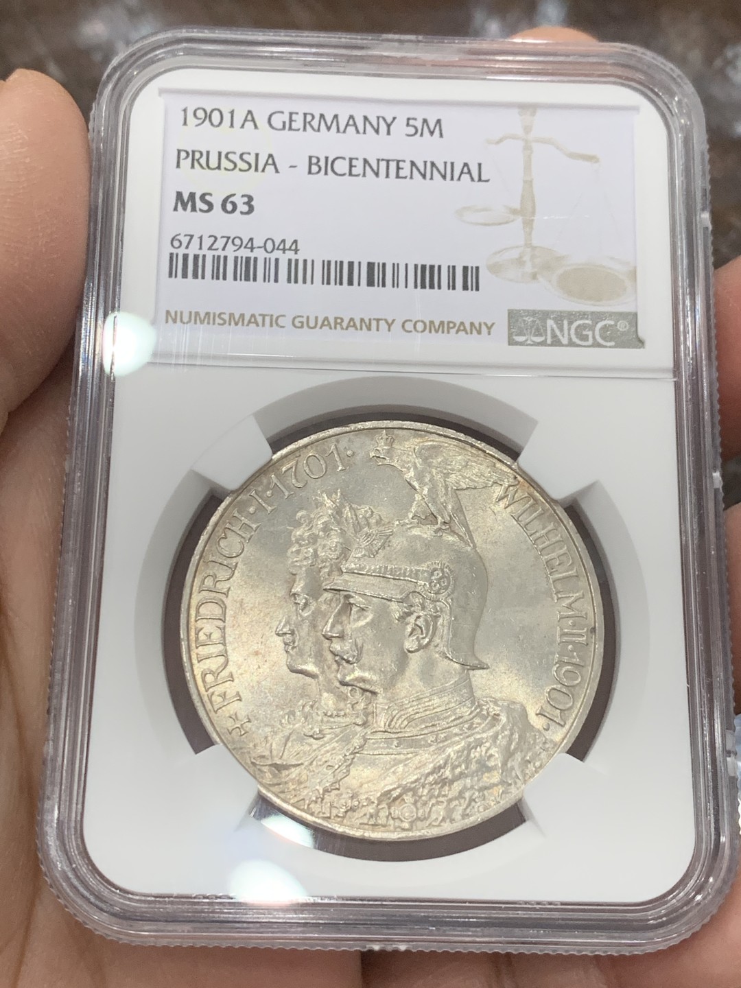 《竞宝斋》第136场-周日，周一连拍 (全场包邮) NGC-MS63 德国普鲁士1901年建国200周年纪念5马克大银币