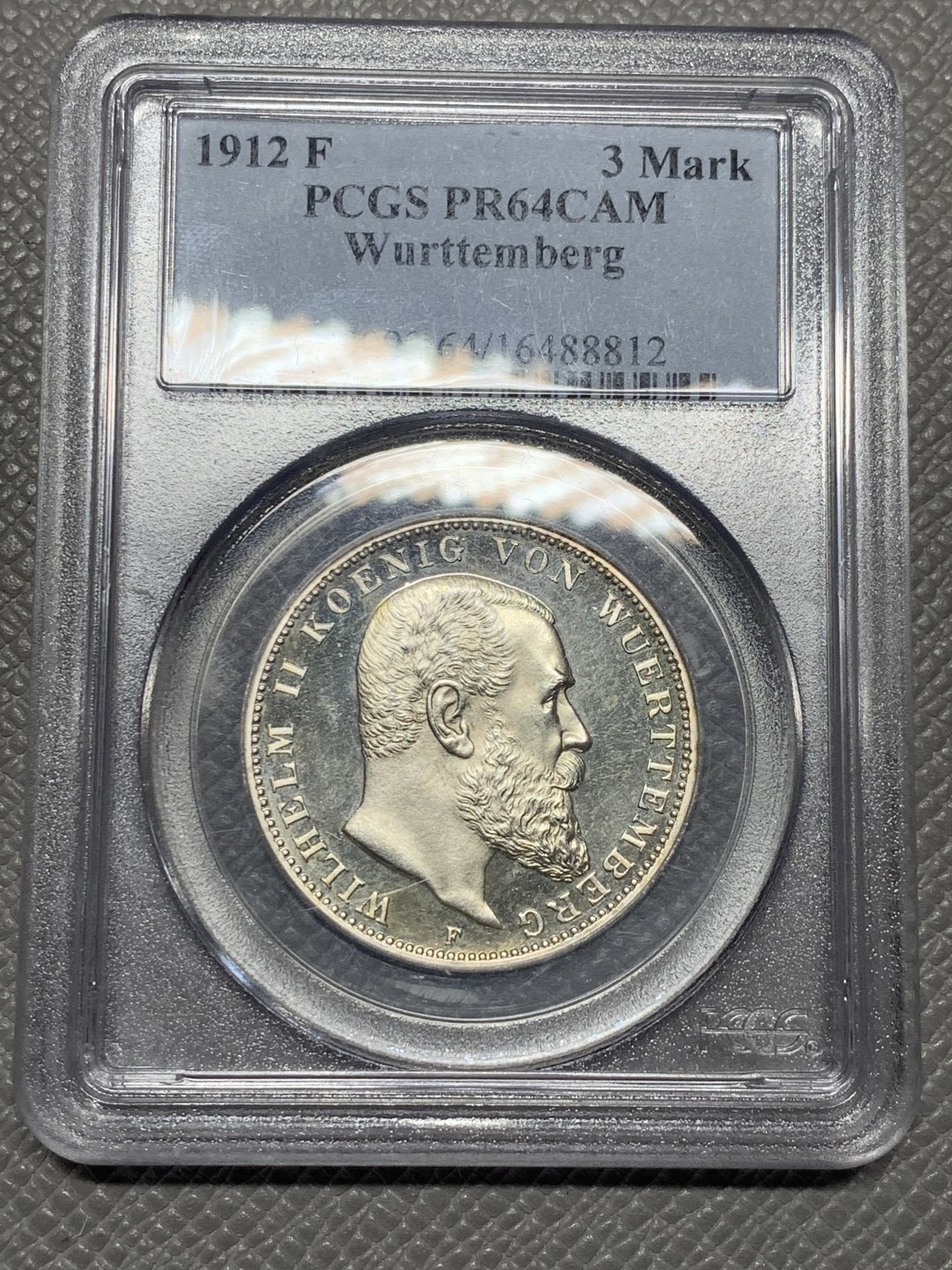 《竞宝斋》第136场-周日，周一连拍 (全场包邮) PCGS-PR64CAM,德国1912年符腾堡3马克精制银币，非常稀见的精制3马克，老白盒严评