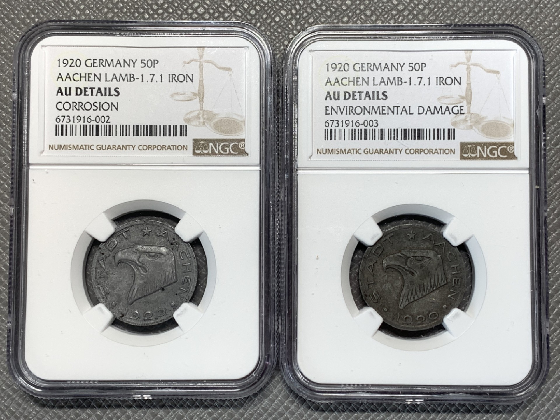 《竞宝斋》第136场-周日，周一连拍 (全场包邮) NGC-AUD 两枚一组德国紧急状态时期亚琛市 1920年 50芬尼(齿边版和花边版) 德紧系列的知名品种，历经百年铁质币保存状态不易