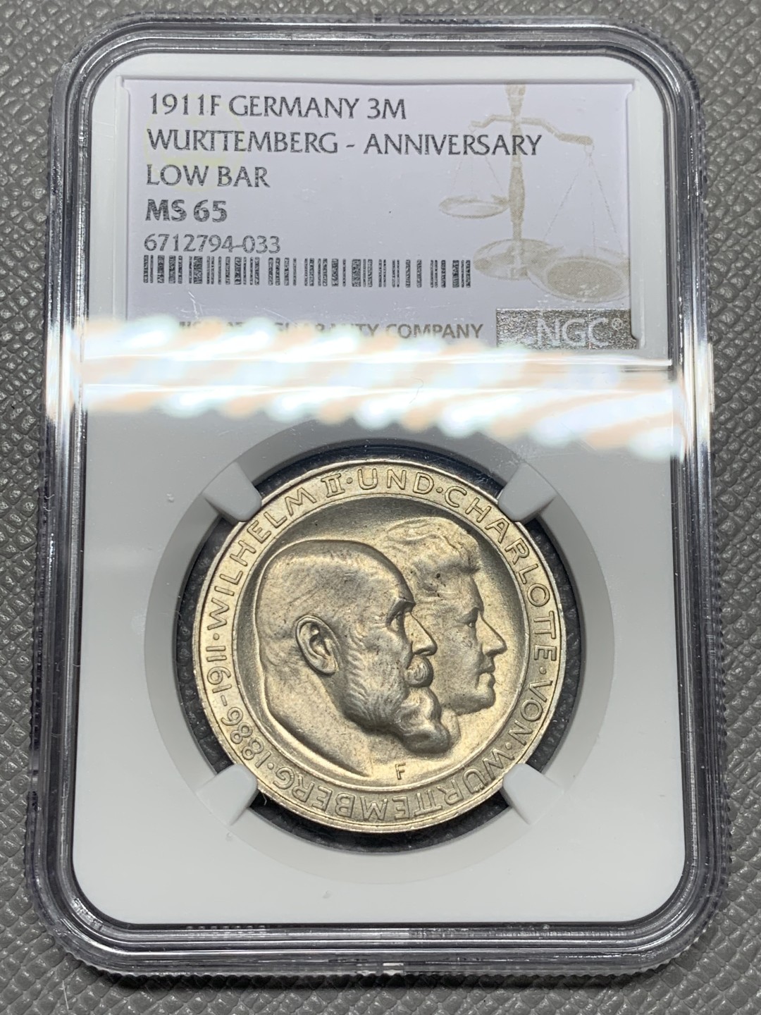 《竞宝斋》第136场-周日，周一连拍 (全场包邮) NGC-MS65 德国符腾堡1911年3马克银币