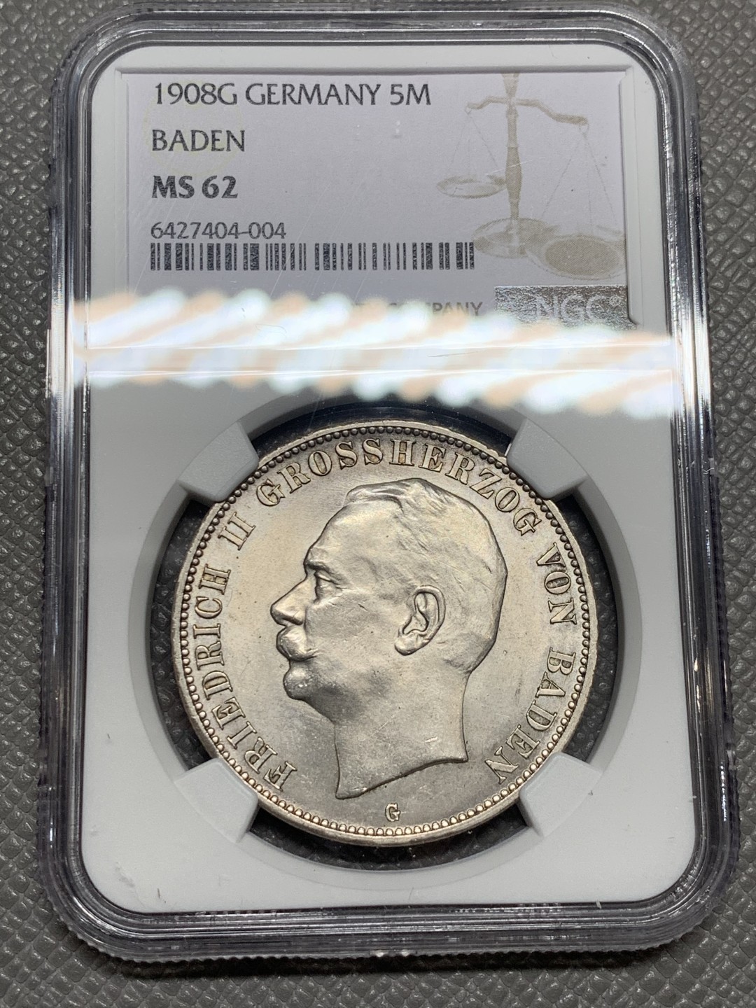 《竞宝斋》第136场-周日，周一连拍 (全场包邮) NGC-MS62 德国巴登 1908年 5马克大银币 少见版式