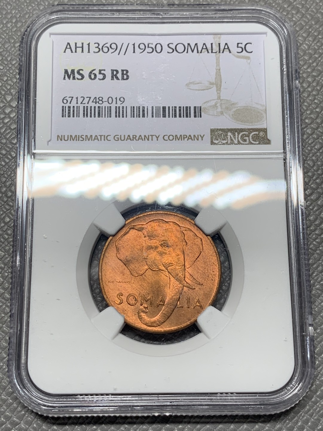 《竞宝斋》第136场-周日，周一连拍 (全场包邮) NGC NS65RB 意属索马里 1950年 5分铜币 大象图案 5分较少 铜光不错