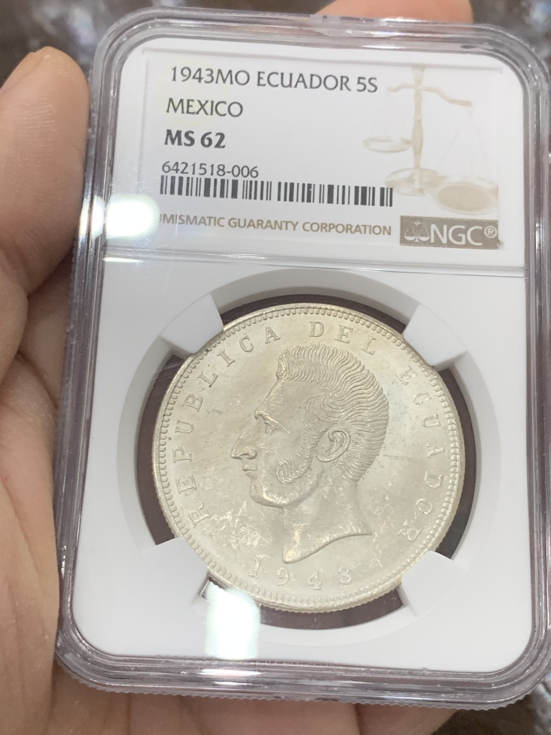 《竞宝斋》第136场-周日，周一连拍 (全场包邮) NGC-MS62 厄瓜多尔 1943年 5苏克雷大银币 寒冰霜光全深打 出厂原卷状态 绝对低评！