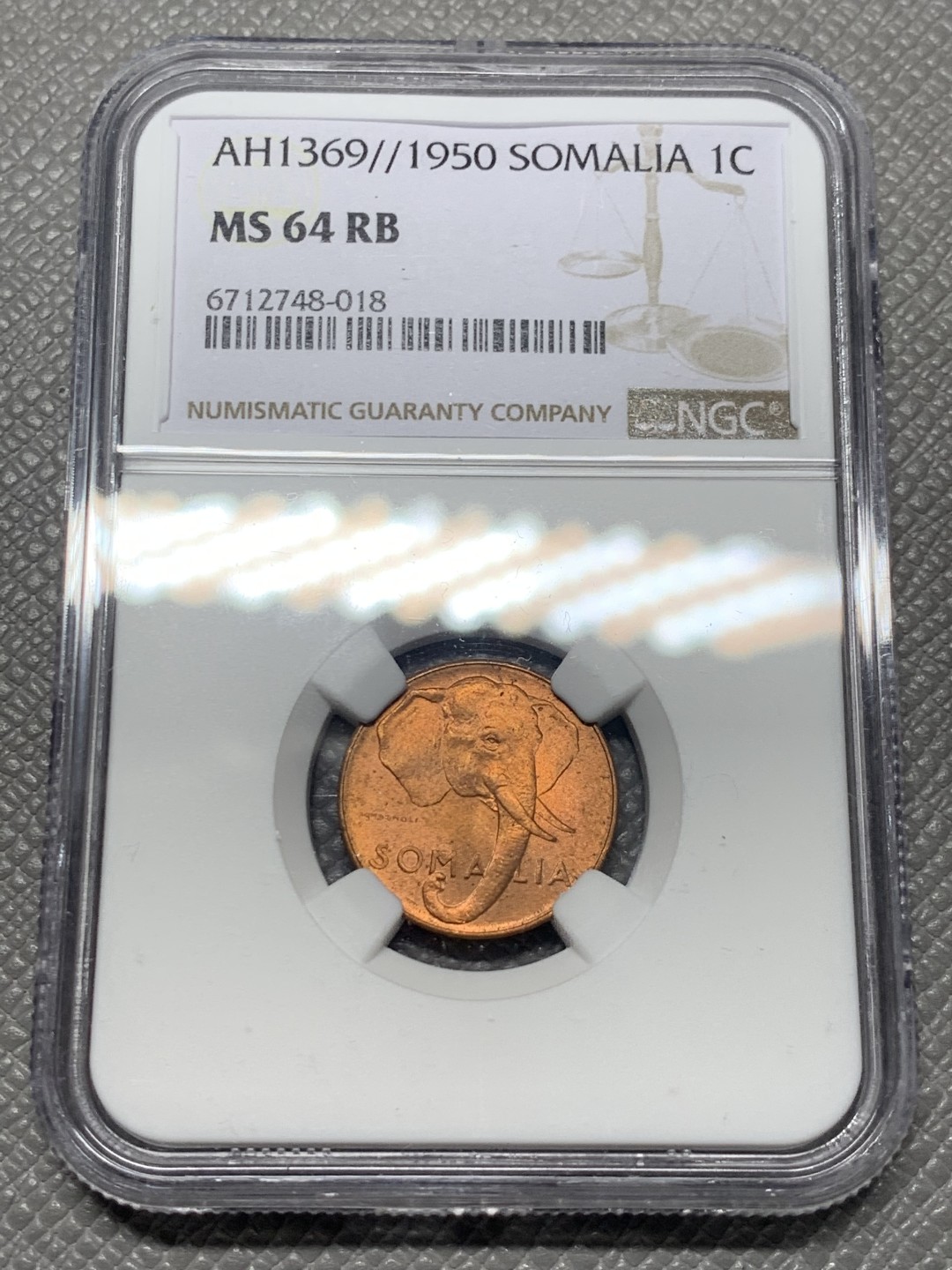 《竞宝斋》第136场-周日，周一连拍 (全场包邮) NGC MS64RB 意属索马里 1950年 1分铜币 大象图案 原光好品