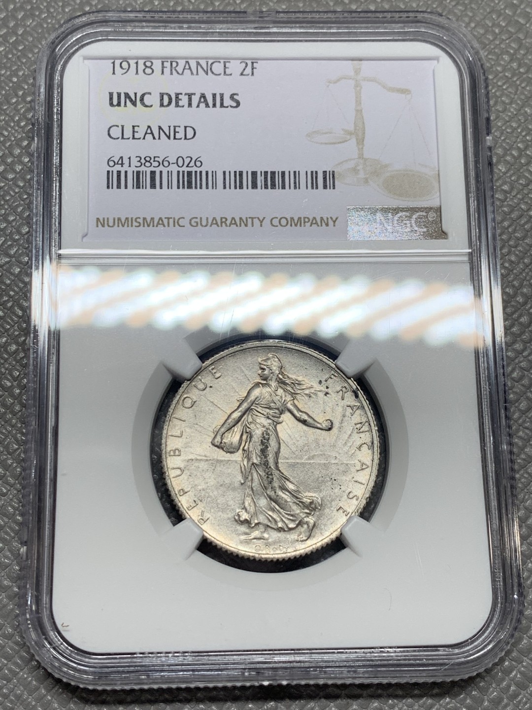 《竞宝斋》第136场-周日，周一连拍 (全场包邮) NGC-UNC 法国1918年 播种女神2法郎银币 看不出有洗
