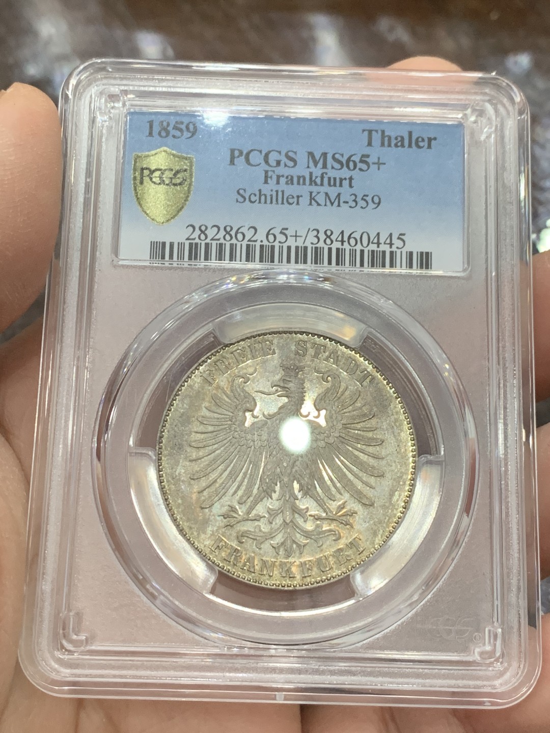 《竞宝斋》第136场-周日，周一连拍 (全场包邮) PCGS-MS65+，德国1859年法兰克福席勒纪念泰勒银币，轻彩包浆，状态一流