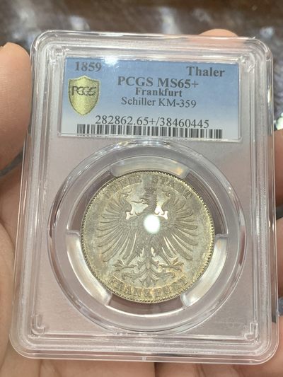 《竞宝斋》第136场-周日，周一连拍 (全场包邮) - PCGS-MS65+，德国1859年法兰克福席勒纪念泰勒银币，轻彩包浆，状态一流