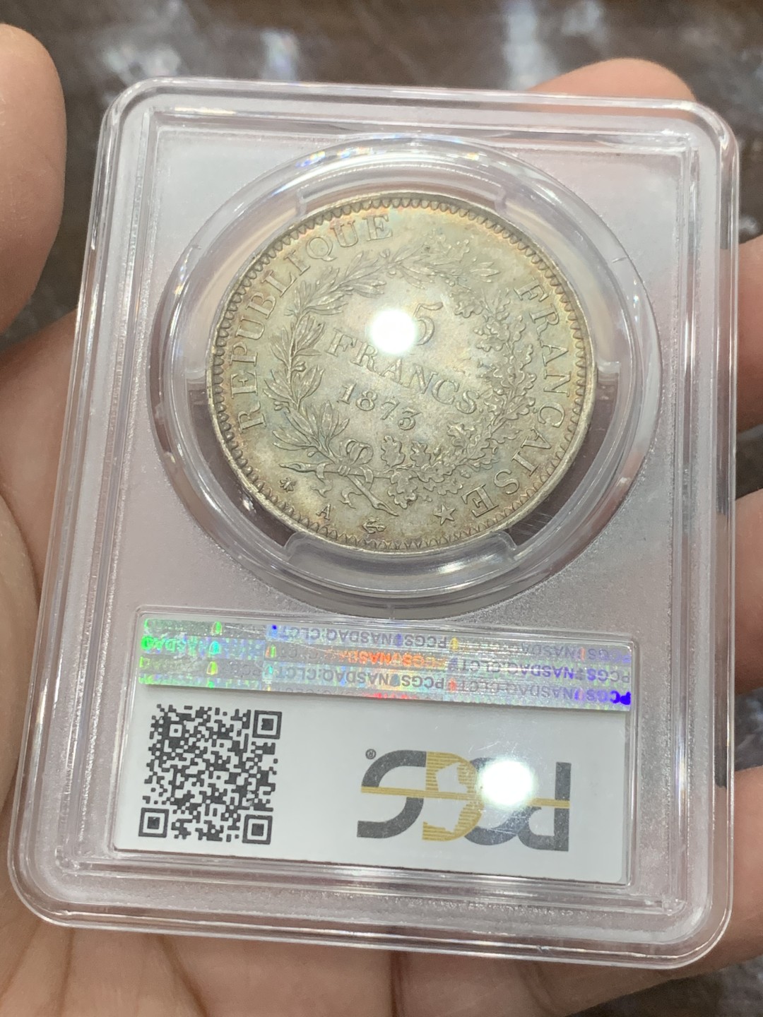 《竞宝斋》第136场-周日，周一连拍 (全场包邮) PCGS-MS65 法国1873大力神5法郎大银币，绚烂包浆，车轮光丝滑，法系热门品种，近年涨幅巨大