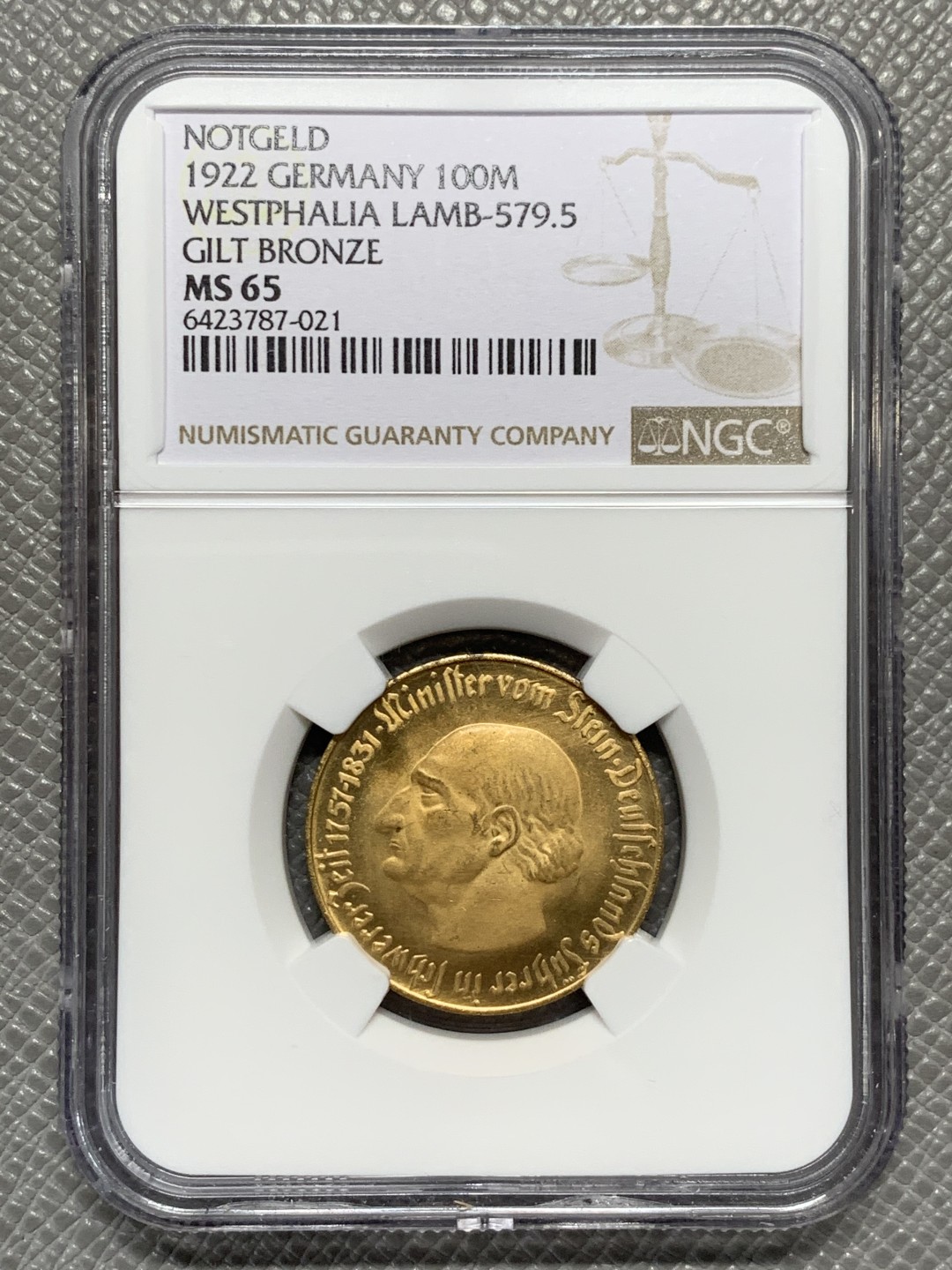 《竞宝斋》第136场-周日，周一连拍 (全场包邮) NGC-MS65 德国魏玛共和国1922年 100马克 黄铜币 非常稀少的版式