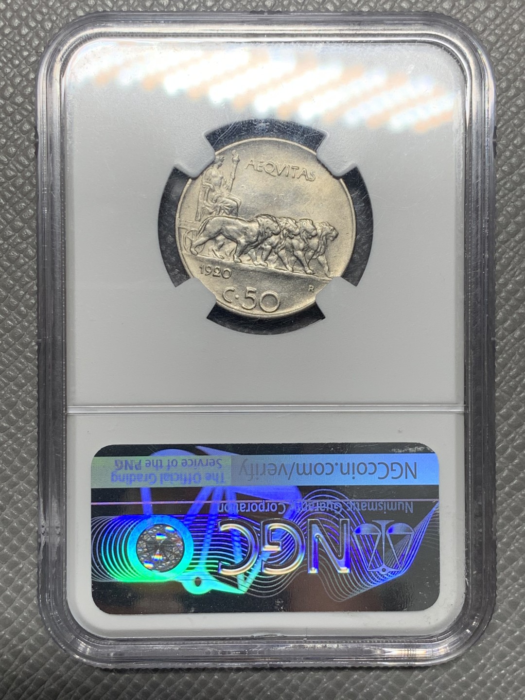 《竞宝斋》第136场-周日，周一连拍 (全场包邮) NGC-MS62 意大利 1920年 50分镍币 背面的狮子拉车图案很有艺术感 好品难见