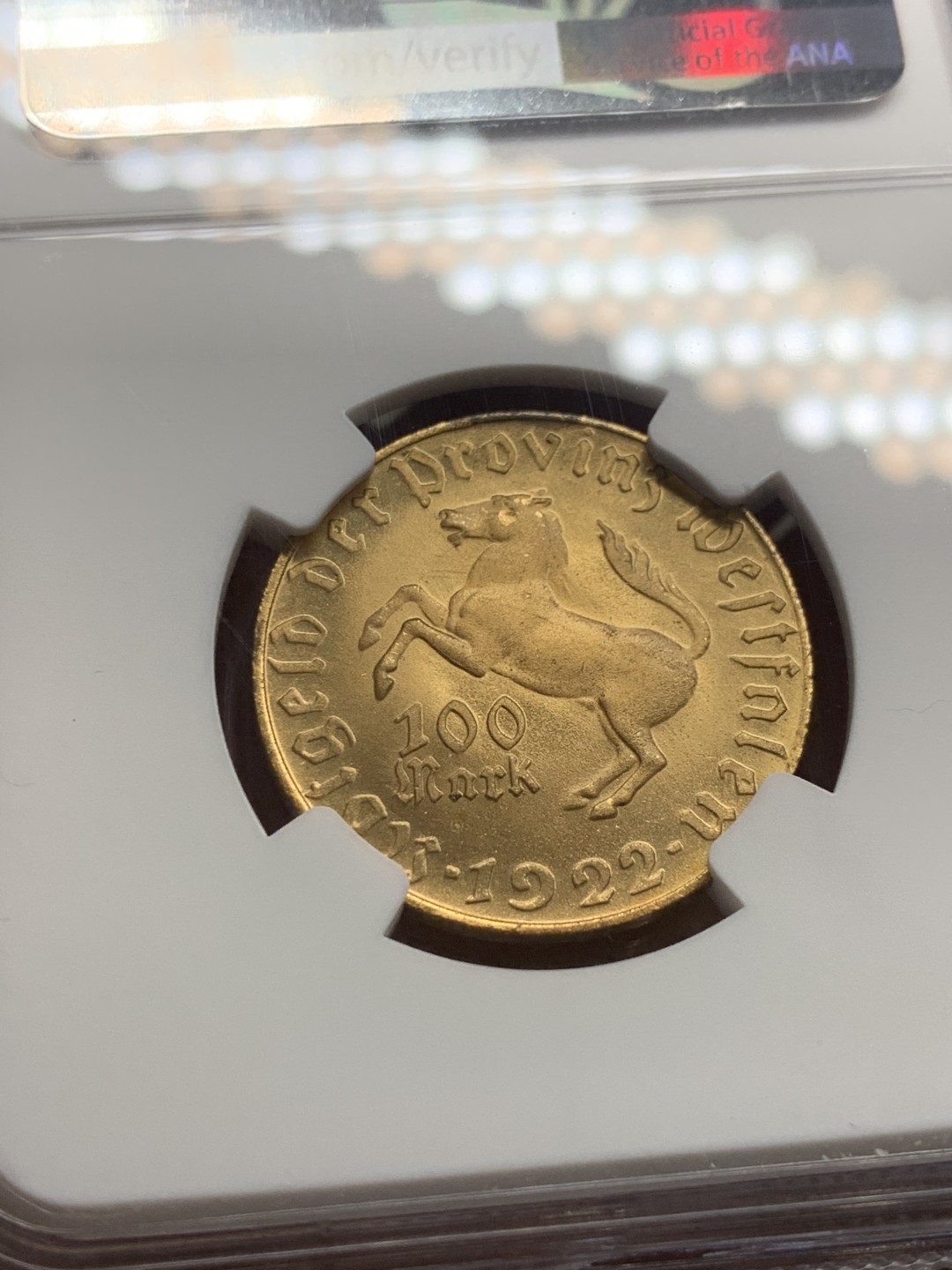 《竞宝斋》第136场-周日，周一连拍 (全场包邮) NGC-MS65 德国魏玛共和国1922年 100马克 黄铜币 非常稀少的版式