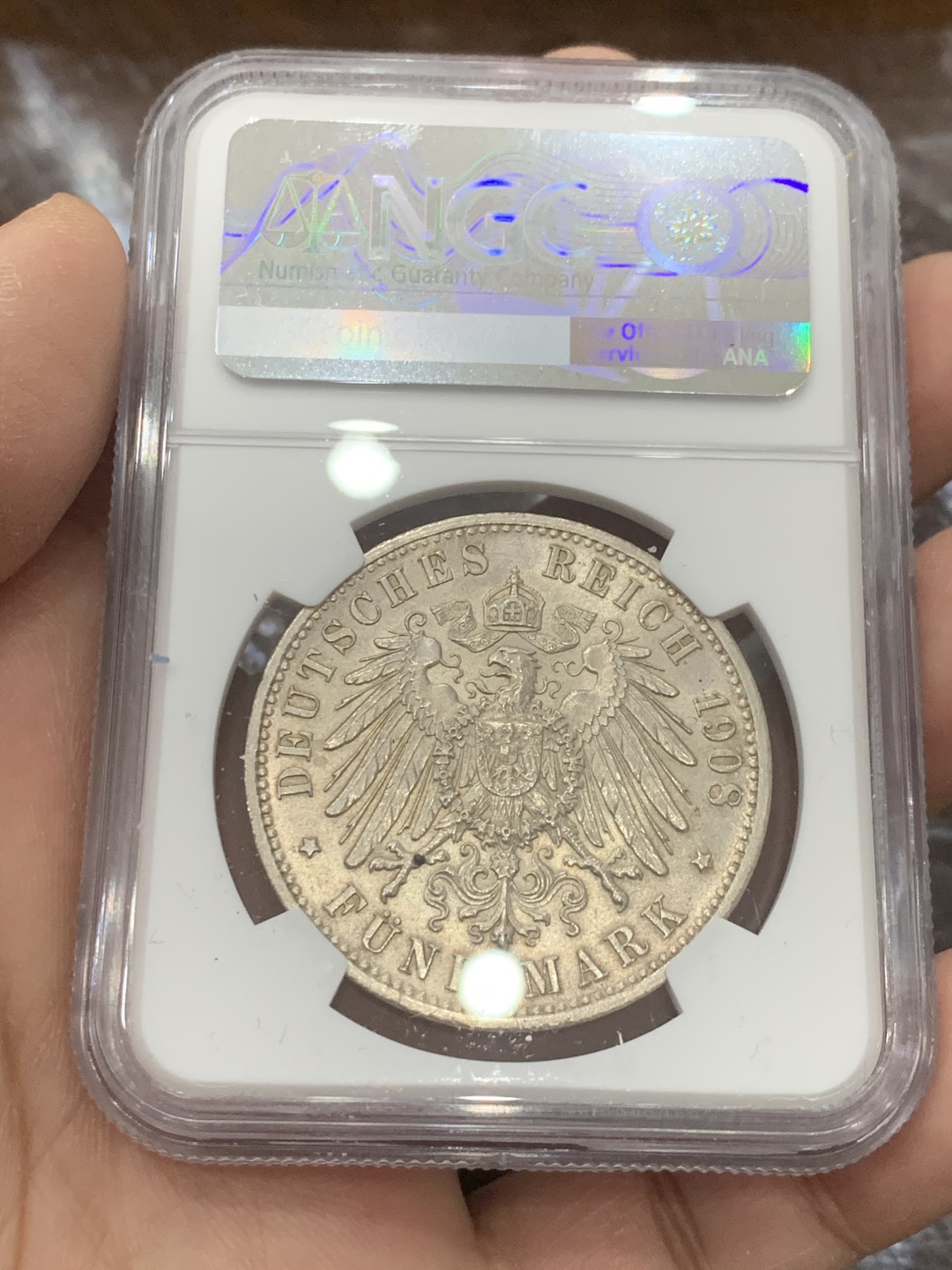 《竞宝斋》第136场-周日，周一连拍 (全场包邮) NGC-MS62 德国巴登 1908年 5马克大银币 少见版式