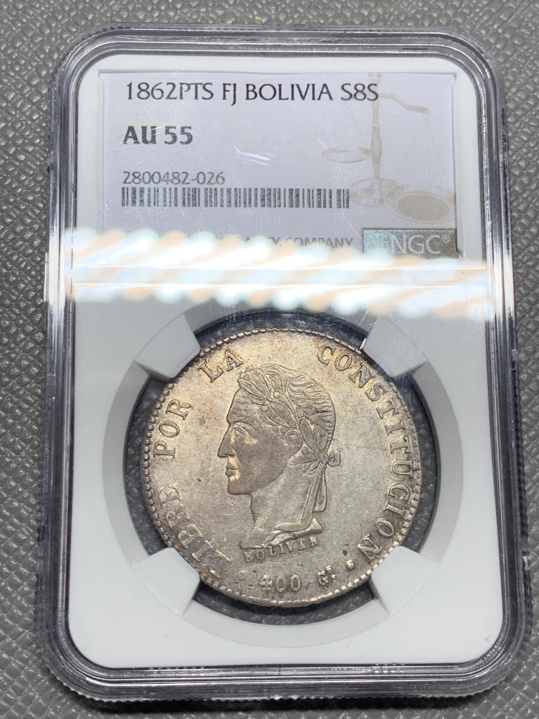 《竞宝斋》第136场-周日，周一连拍 (全场包邮) NGC-AU55 玻利维亚 1862年 8S银币 热门中南美 好状态 看得见