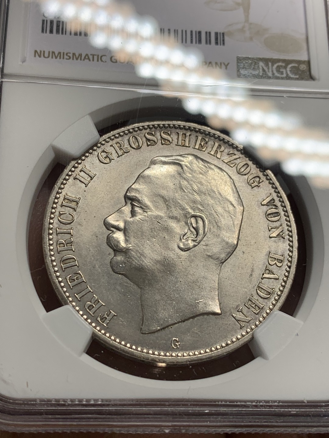 《竞宝斋》第136场-周日，周一连拍 (全场包邮) NGC-MS62 德国巴登 1908年 5马克大银币 少见版式