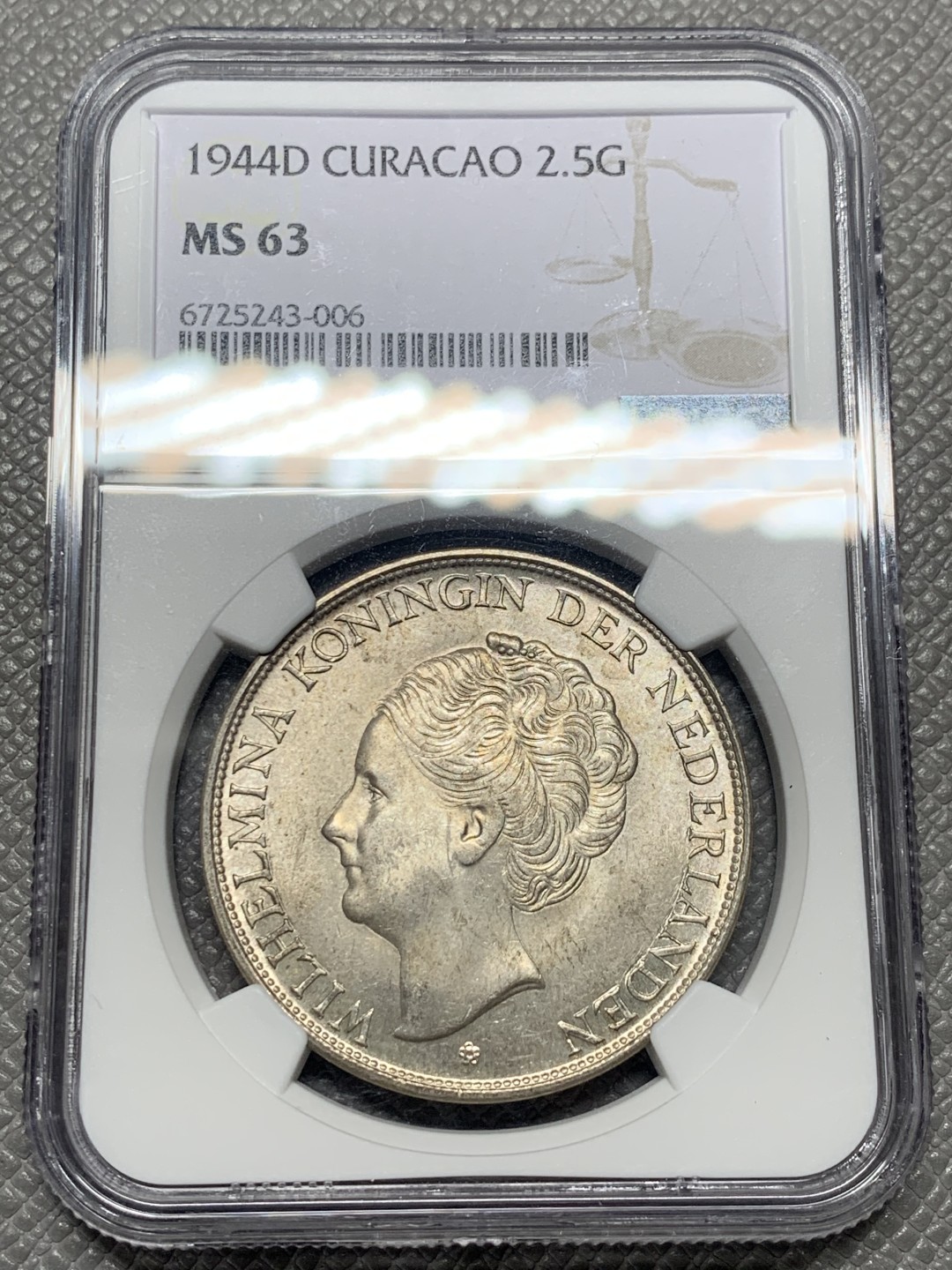 《竞宝斋》第136场-周日，周一连拍 (全场包邮) NGC-MS63 荷属库拉索1944 2.5盾大银币 带漂亮老包浆 铸造量仅为荷属东印度2.5盾的1／10 潜力品种