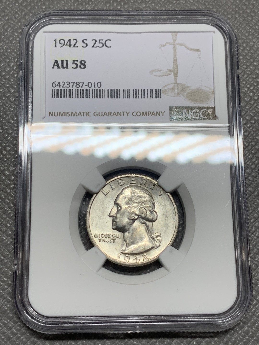 《竞宝斋》第136场-周日，周一连拍 (全场包邮) NGC-AU58 美国1942年 25分银币 原光好品
