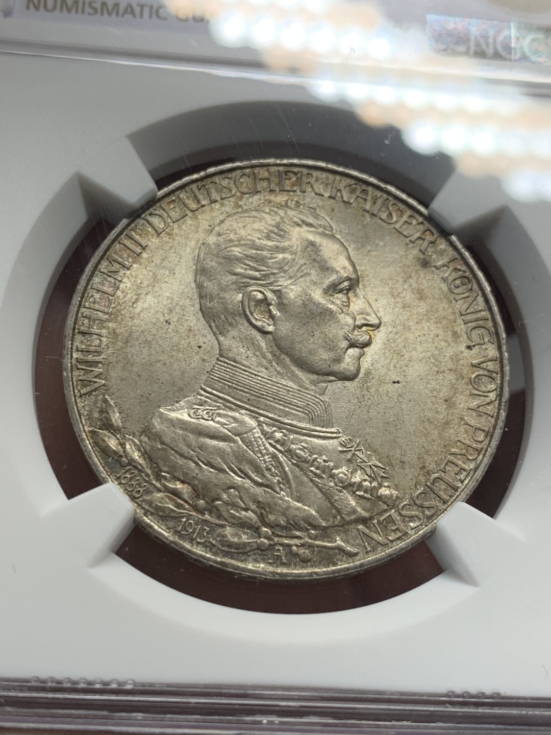 《竞宝斋》第136场-周日，周一连拍 (全场包邮) NGC-MS63 德国普鲁士1913年威廉二世在位25周年纪念3马克银币